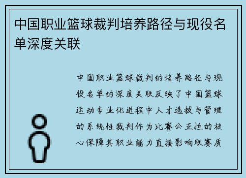中国职业篮球裁判培养路径与现役名单深度关联