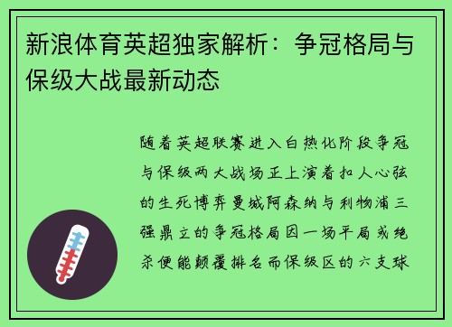 新浪体育英超独家解析：争冠格局与保级大战最新动态
